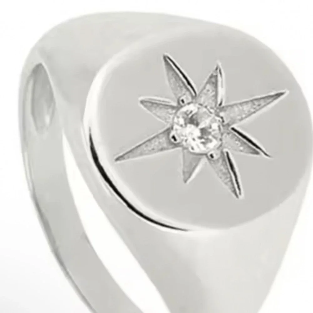 NEW Lg Sterling Silver Star Signet Ring Cubic Zirconia Starburst‎ 925 Adjustable